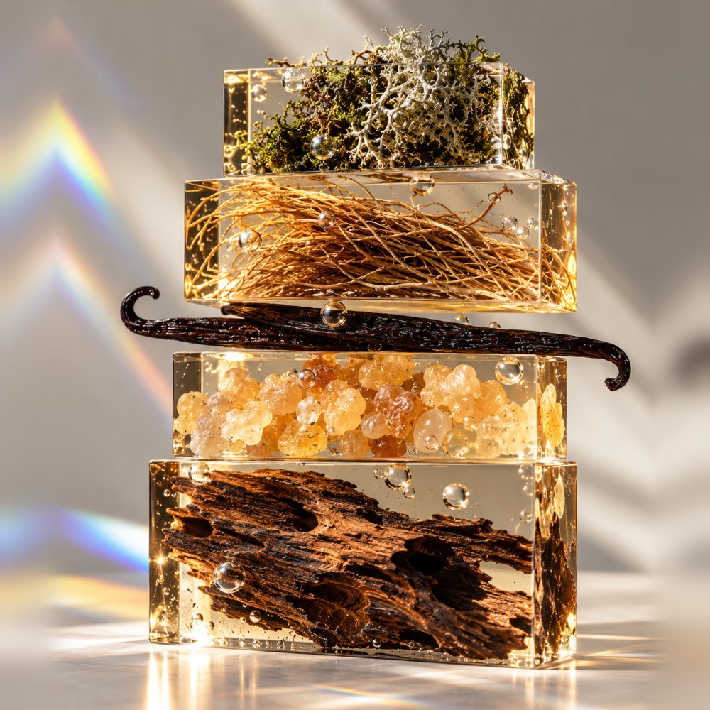 Base notes: natural perfume ingredients suspended in clear acrylic blocks by Prosody London
