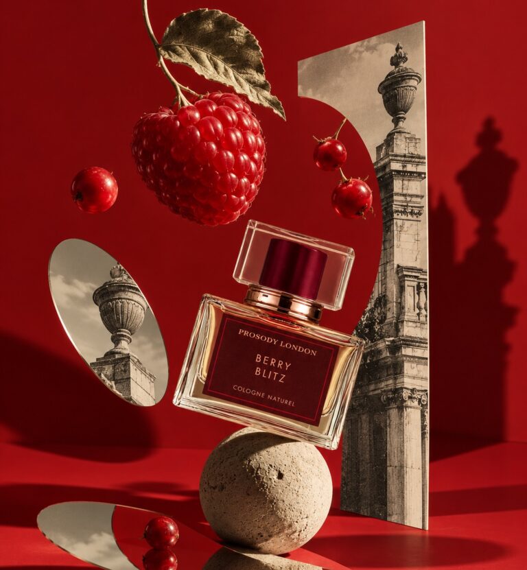 Home 13 Berry Blitz natural perfume by Prosody London in a surreal still life with raspberry, mirrors and a London tower