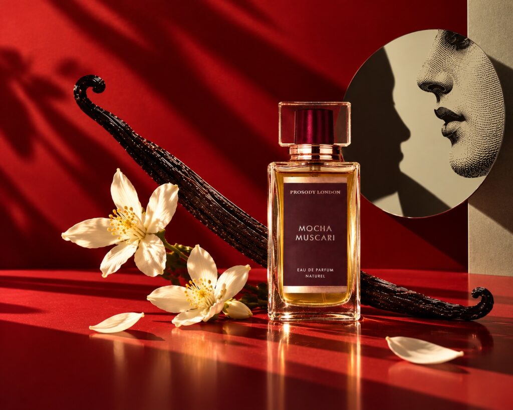 Best Vanilla Perfume for Women 2026 — 15 Picks by a Perfumer 1 Best vanilla perfume for women: Mocha Muscari natural eau de parfum by Prosody London with vanilla pods and white blossom on crimson