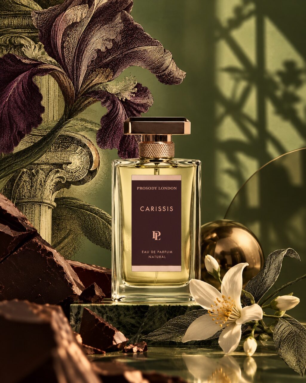 Home 7 Carissis natural eau de parfum by Prosody London with iris and white blossom in soft green light