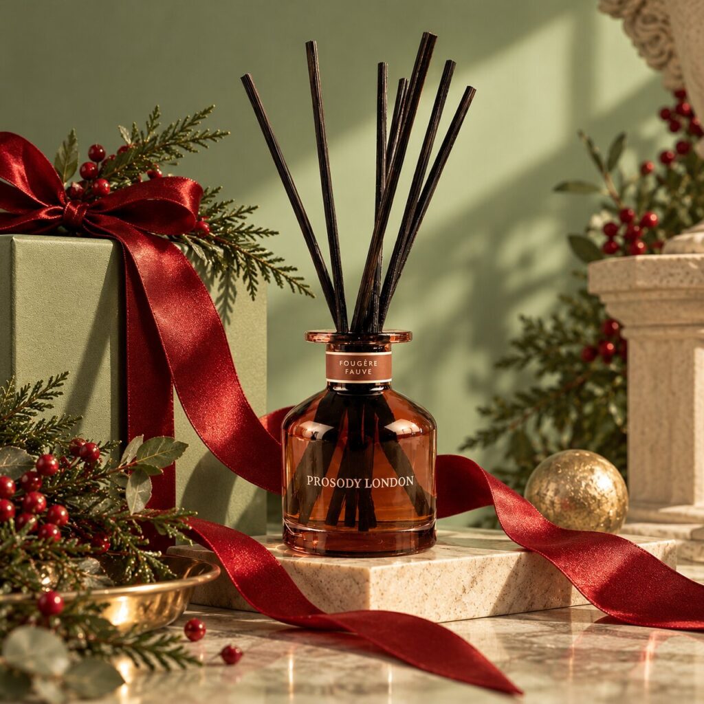 How to Make Your Home Smell Like Christmas Naturally: A Perfumer's Guide 4 Fougère Fauve natural reed diffuser with red ribbon, pine and berries, a Christmas home fragrance gift