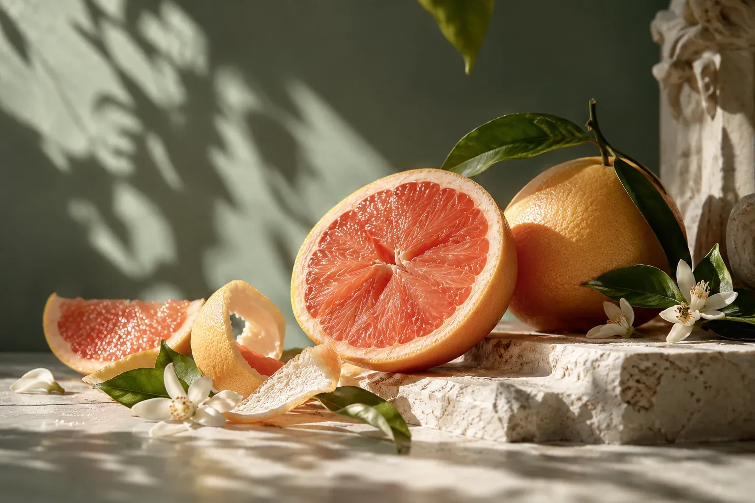 Grapefruit 2 Sunlit pink grapefruit halves and peel with leaves and soft botanical shadows