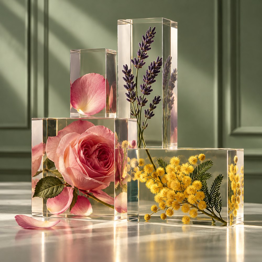 Heart notes: natural perfume ingredients suspended in clear acrylic blocks by Prosody London