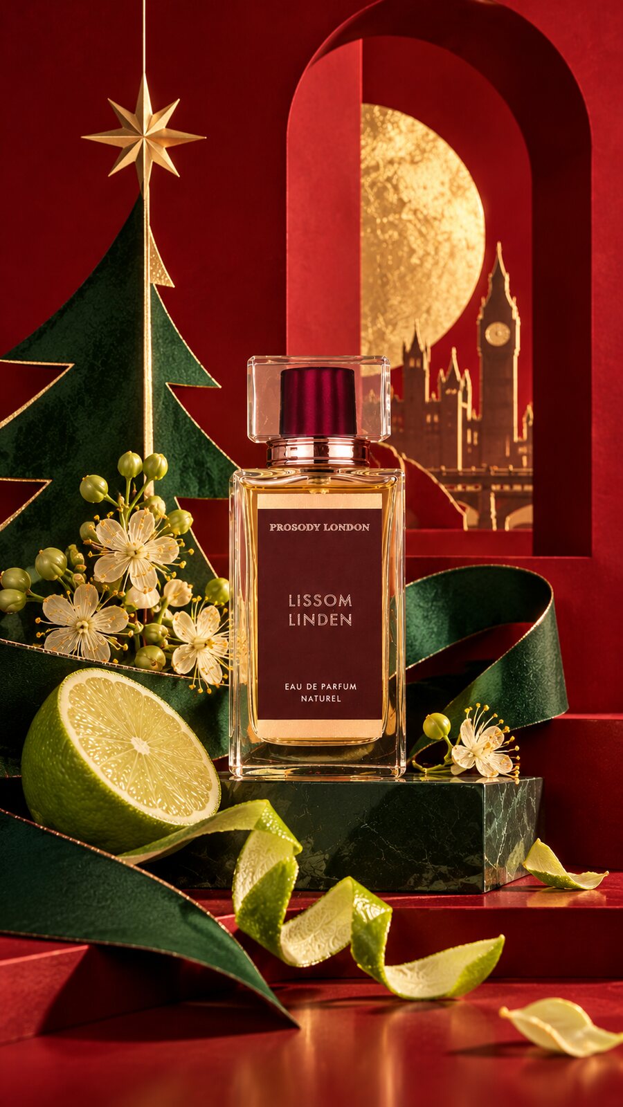 Best Natural Perfume Gifts for Christmas 2026: A Perfumer’s Guide for Her, Him & Home 6 Lissom Linden natural perfume with a Christmas tree and London skyline, a soft floral Christmas gift for her