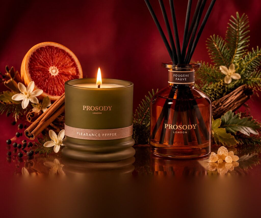 How to Make Your Home Smell Like Christmas Naturally: A Perfumer's Guide 1 Pleasance Pepper natural candle and Fougère Fauve reed diffuser with blood orange, cinnamon and pine — how to make your home smell like Christmas