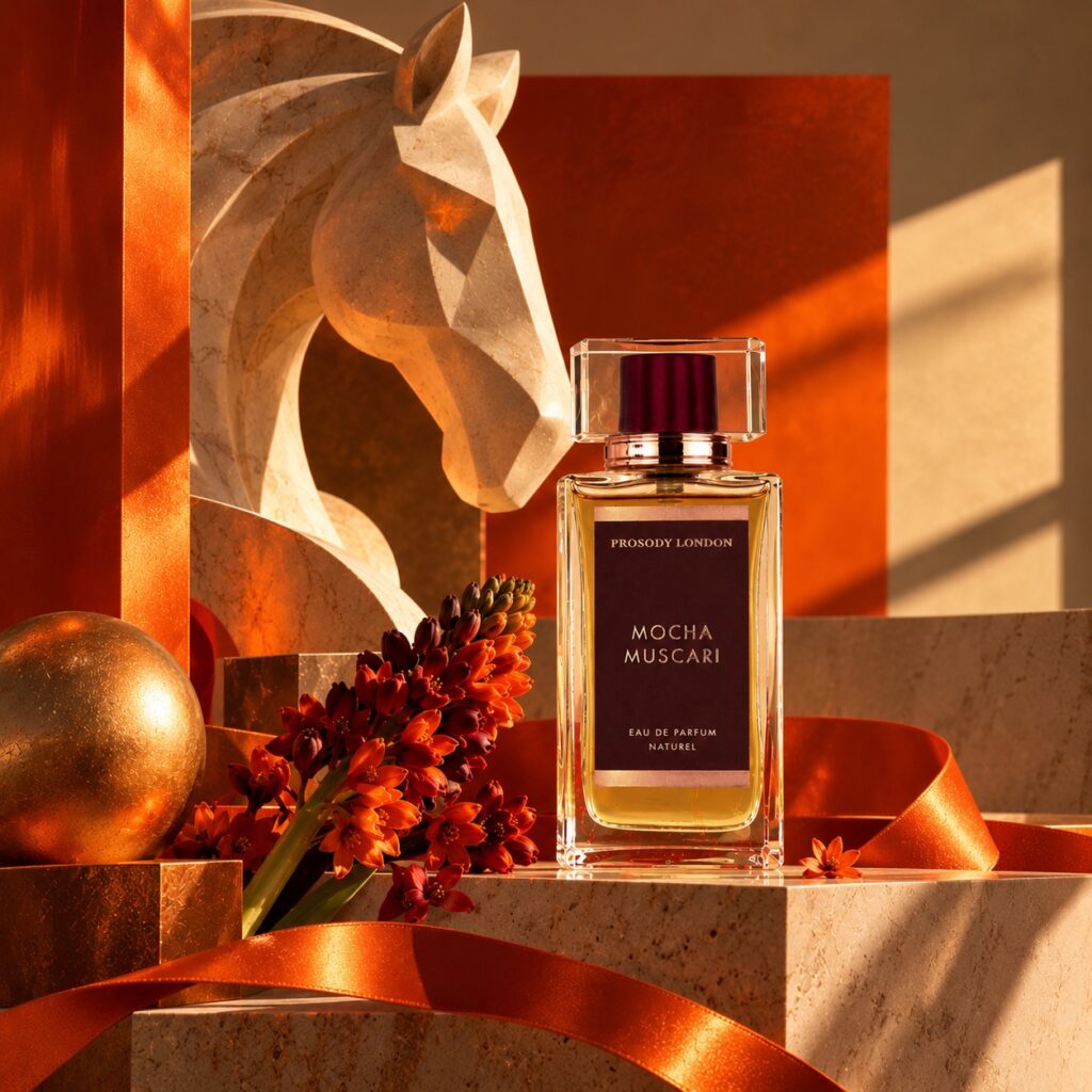 Best Natural Perfume Gifts for Christmas 2026: A Perfumer’s Guide for Her, Him & Home 10 Mocha Muscari natural amber perfume with a carved horse and copper ribbon, a warm Christmas perfume gift