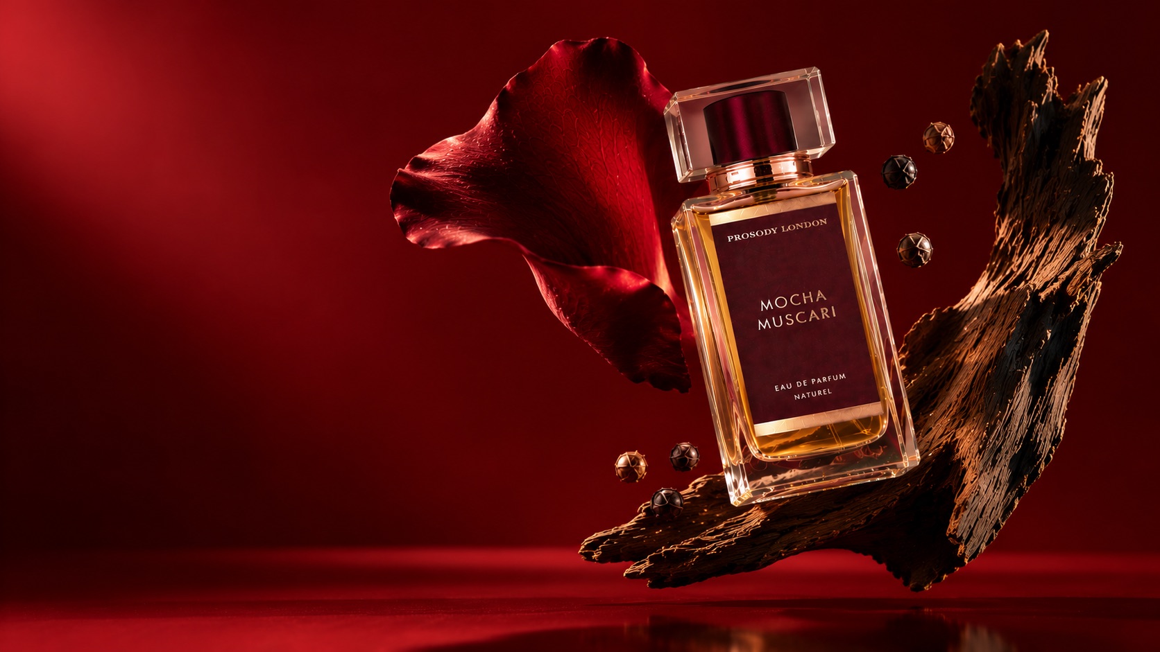 Home 5 Mocha Muscari natural eau de parfum by Prosody London with red rose petals and agarwood