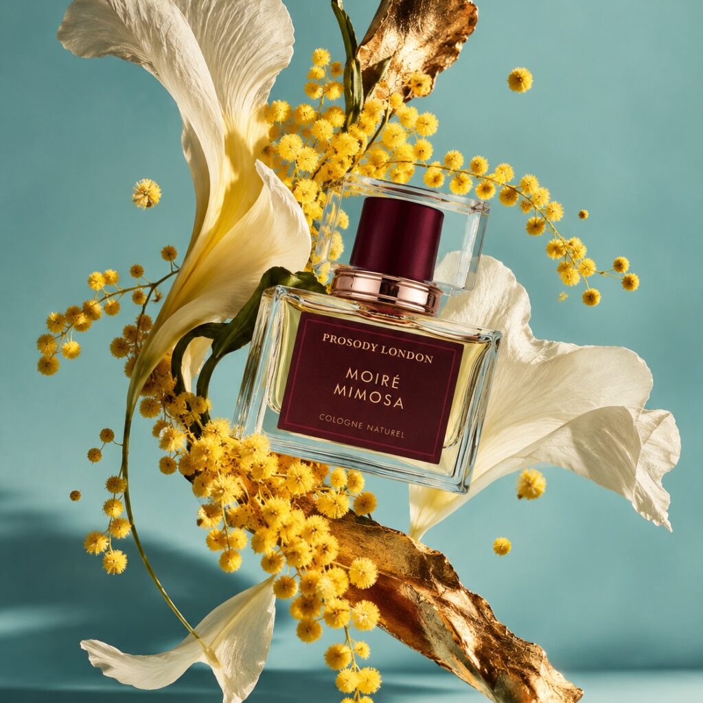 Home 6 Moiré Mimosa natural cologne by Prosody London with mimosa blossom and white lily on soft teal