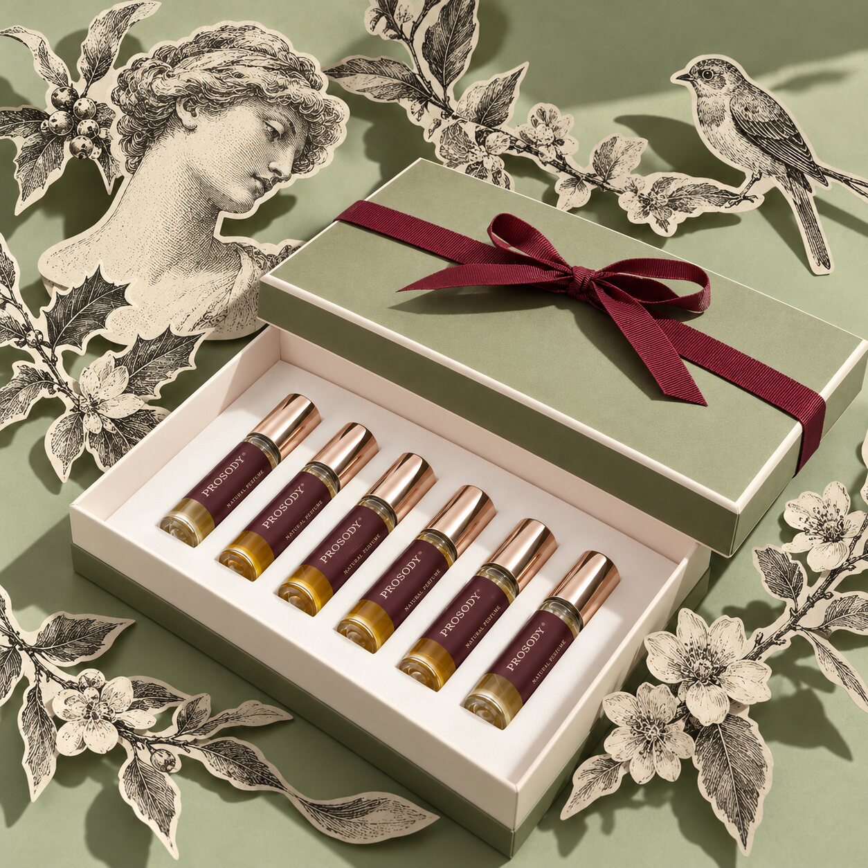 Best Natural Perfume Gifts for Christmas 2026: A Perfumer’s Guide for Her, Him & Home 1 Prosody London natural botanical perfume set with holly and engraved flowers, a thoughtful Christmas gift