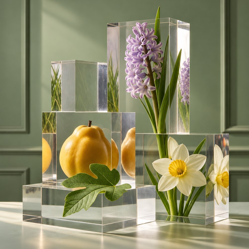 Natural isolates: quince, fig leaf, hyacinth and narcissus in clear acrylic blocks, representing our natural isolate accords