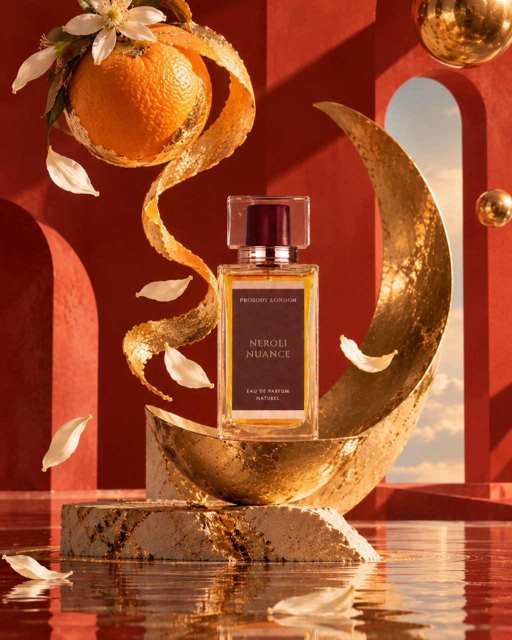 Neroli Nuance natural neroli perfume by Prosody London with an orange, curling peel and a gold crescent