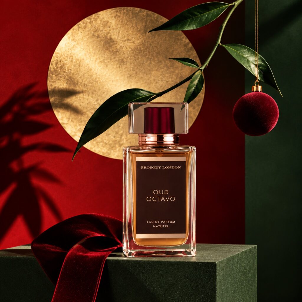 Best Natural Perfume Gifts for Christmas 2026: A Perfumer’s Guide for Her, Him & Home 8 Oud Octavo natural oud perfume with a red bauble and gold moon, a Christmas perfume gift for him
