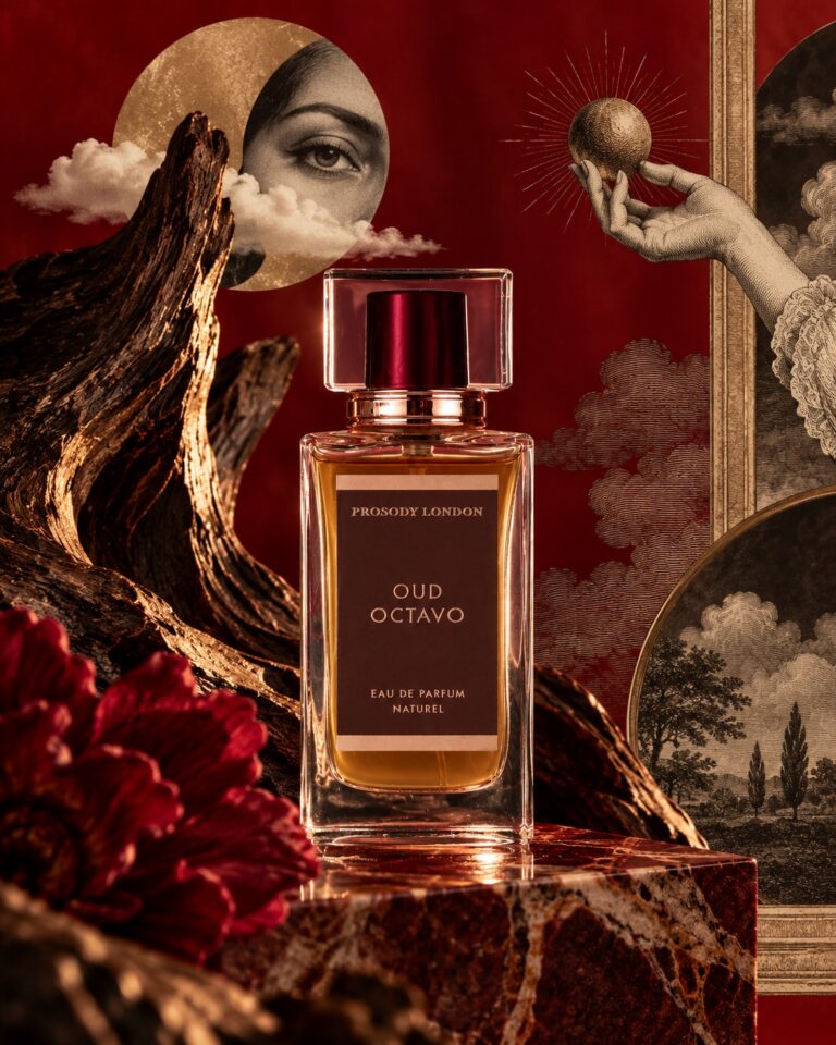 Home 11 Oud Octavo natural eau de parfum by Prosody London on red marble with agarwood in a surreal collage