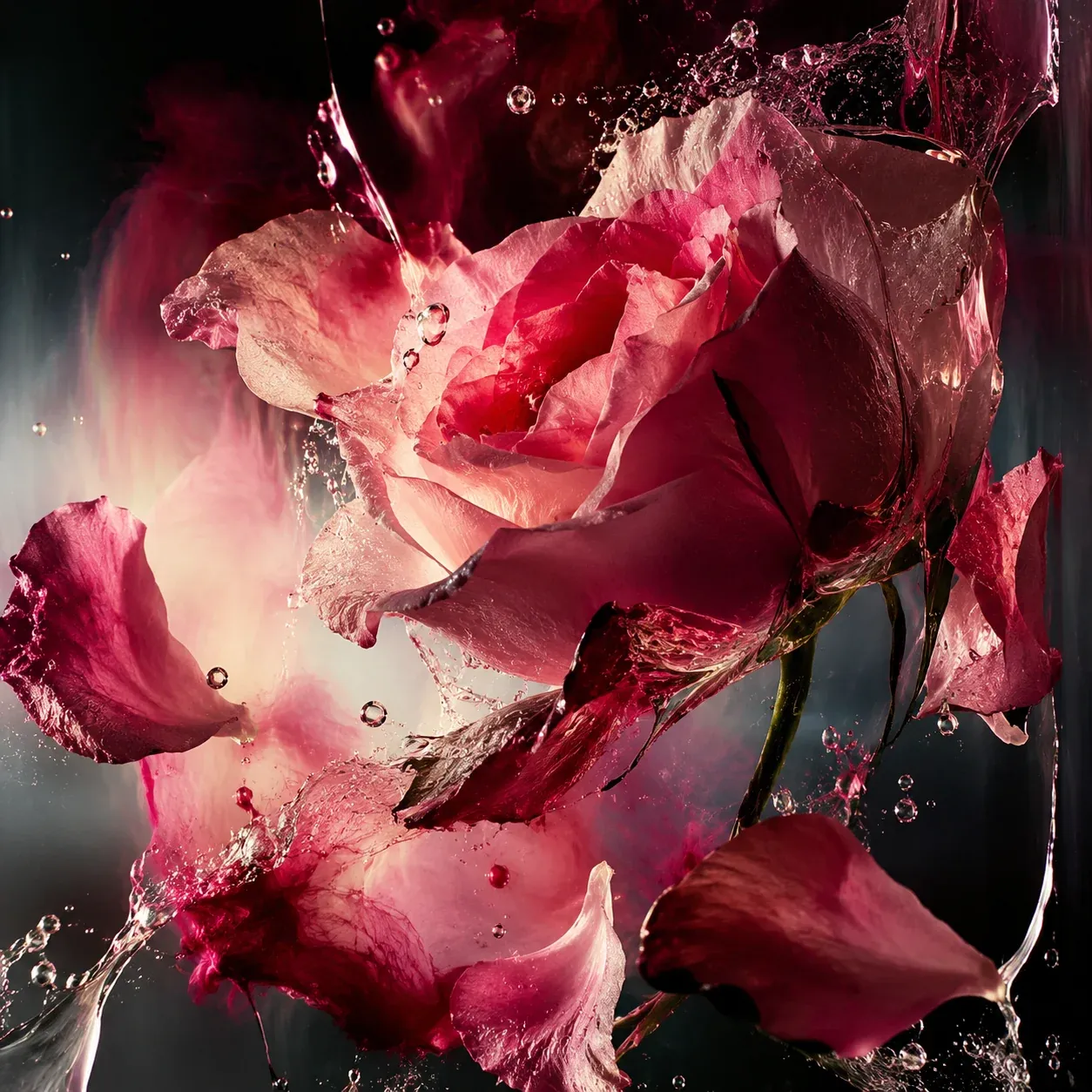 Dramatic crimson and pink rose petals suspended in water against a dark background