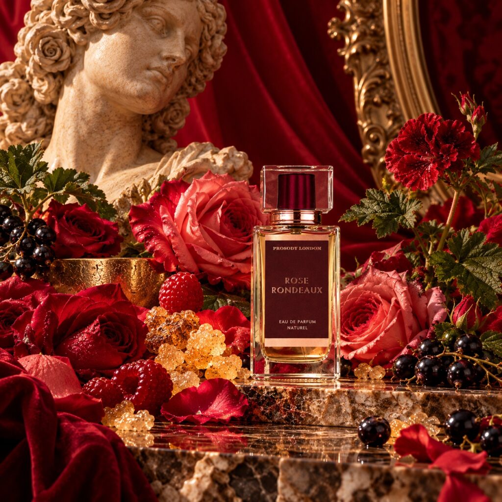 Best Natural Perfume Gifts for Christmas 2026: A Perfumer’s Guide for Her, Him & Home 4 Rose Rondeaux natural perfume among red roses and winter berries, a luxury Christmas perfume gift for her