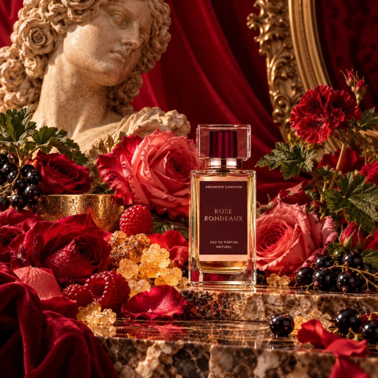 Rose Rondeaux natural rose perfume by Prosody London with red roses, blackcurrants and a classical bust