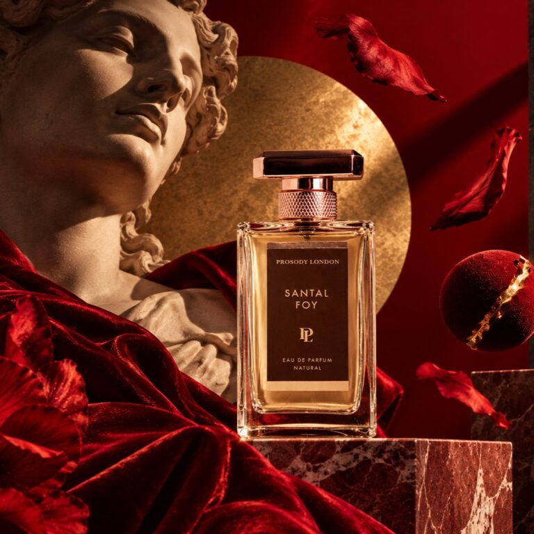 Home 8 Santal Foy natural perfume by Prosody London with a classical bust and red velvet