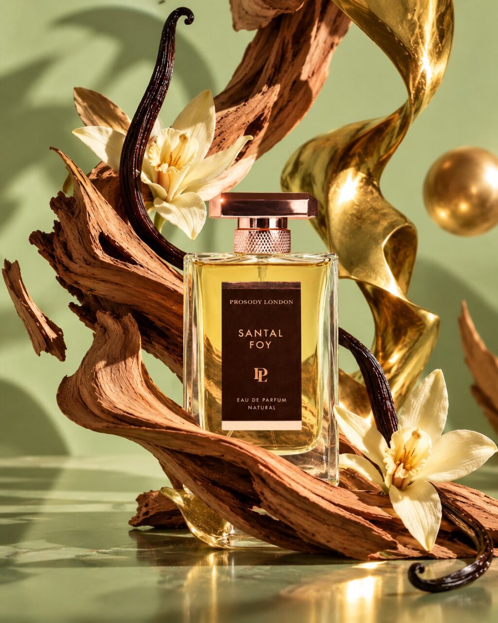 Santal Foy, a sandalwood vanilla perfume by Prosody London, with vanilla orchids and gold ribbon on green