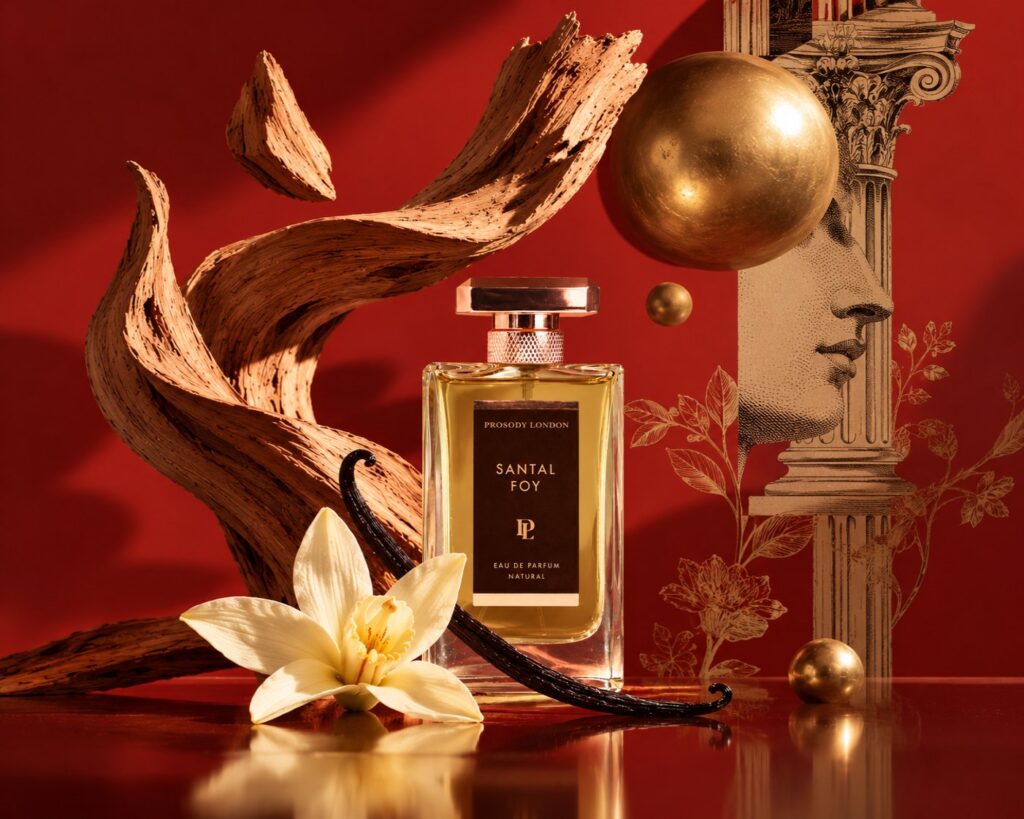 Best Woody Vanilla Perfumes: Why Sandalwood, Oud and Vetiver Are So Seductive 1 Santal Foy woody vanilla perfume by Prosody London with sandalwood, vanilla orchid and a classical column on red
