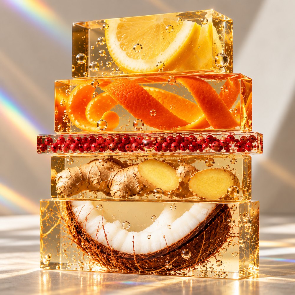 Top notes: natural perfume ingredients suspended in clear acrylic blocks by Prosody London