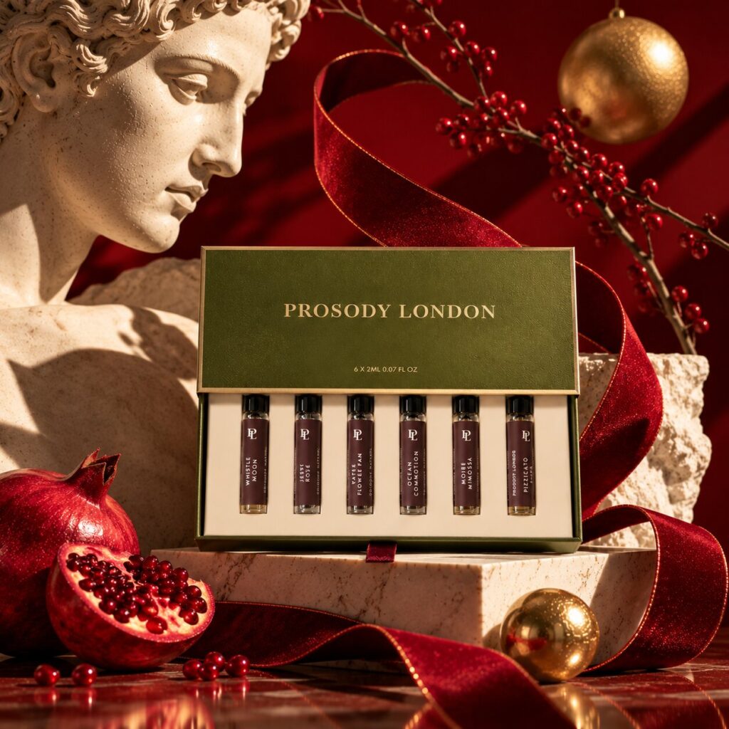 Best Natural Perfume Gifts for Christmas 2026: A Perfumer’s Guide for Her, Him & Home 2 Prosody London natural perfume sample box with pomegranates and red velvet — natural perfume gifts for Christmas